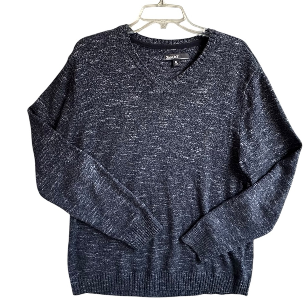 Commerce Men’s Heather Blue V-Neck Long Sleeve Pull-Over Sweater Business Casual